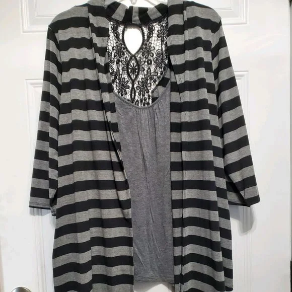 Deb Black & Gray Striped Cardigan with Lace Trim size 2XL - Picture 1 of 11
